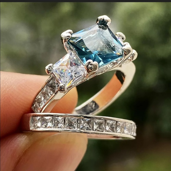 New Princess Cut Aquamarine  Set 925 Silver Ring - Picture 3 of 7